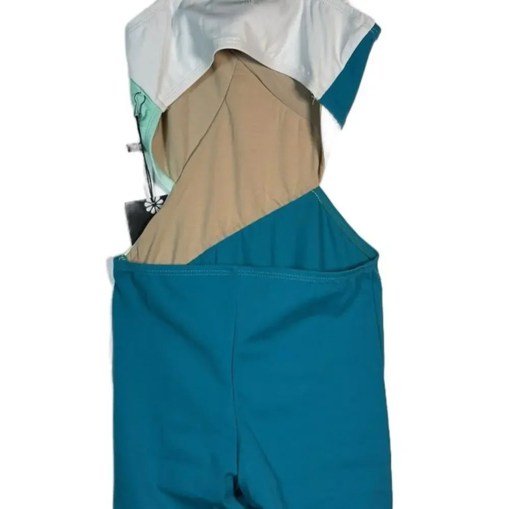 Lumi Collective Asymmetrical Colorblock Teal Mint Unitard Dance Gymnastics YM
